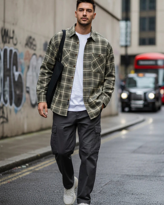 100% Cotton Retro Plaid Shirt Men's Loose Casual Long Sleeve Shirt