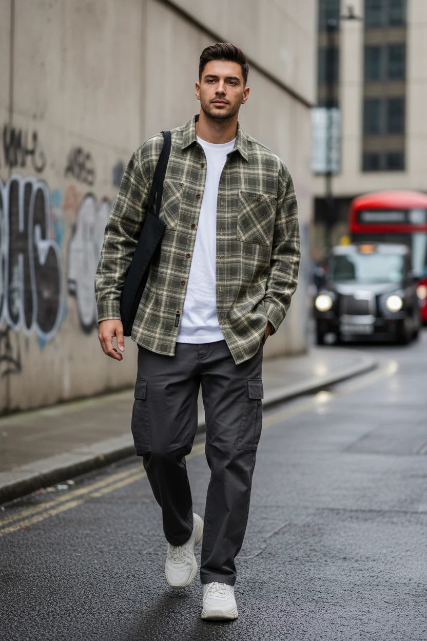 100% Cotton Retro Plaid Shirt Men's Loose Casual Long Sleeve Shirt