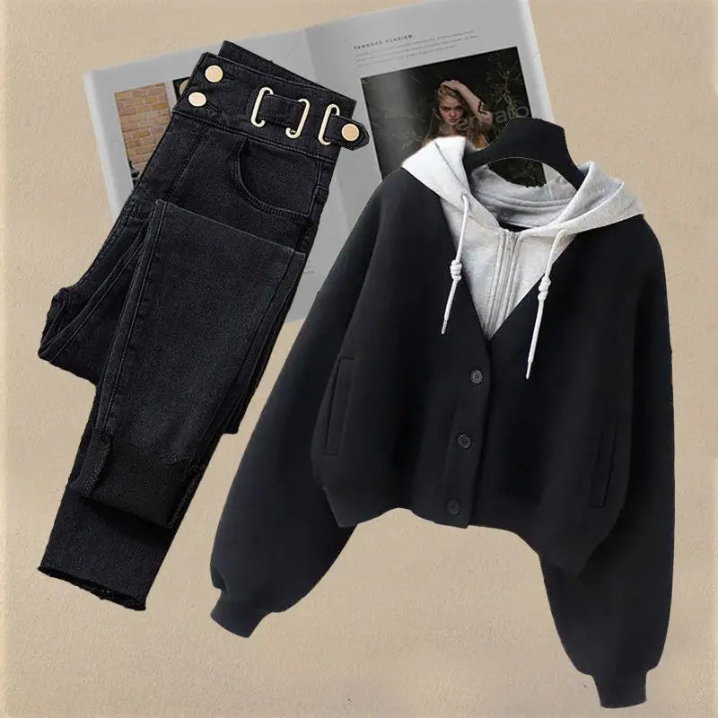 Two Piece Hooded Loose Sweater Slimming Jeans Set - Premium Set from Craftklart Dropship - Just $21.25! Shop now at Craftklart.store