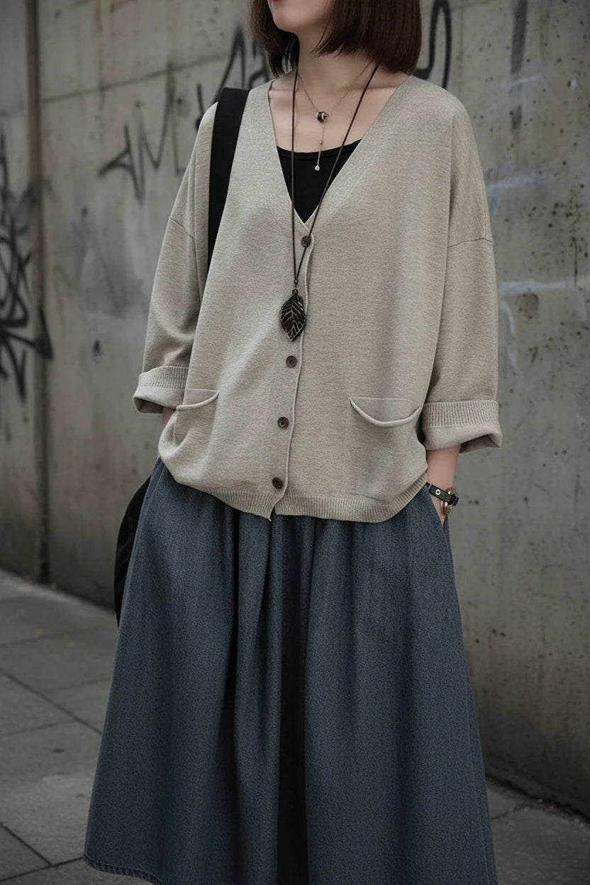 Loose Knit Cardigan — V-Neck, Button Front