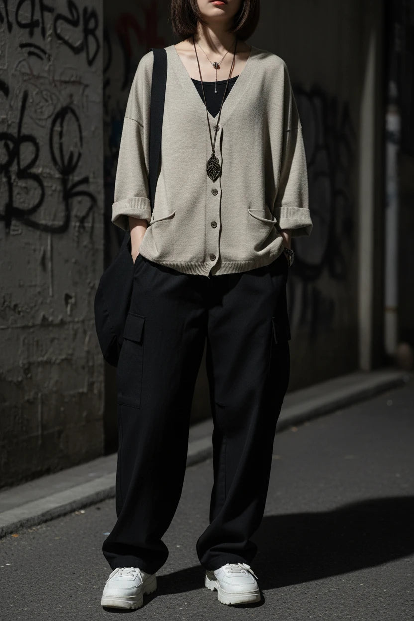 Loose Knit Cardigan — V-Neck, Button Front