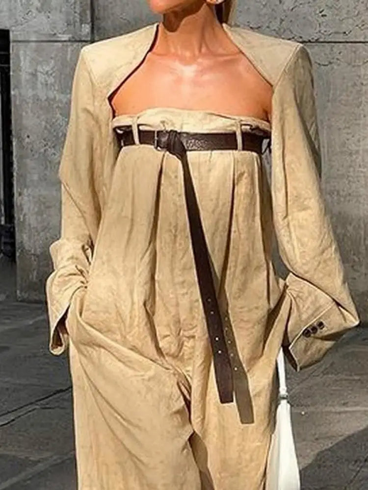 Women's 2024 New  Outerwear Top + Wide Leg Belted Jumpsuits Set - Premium Sets from Craftklart Dropship - Just $32.45! Shop now at Craftklart.store