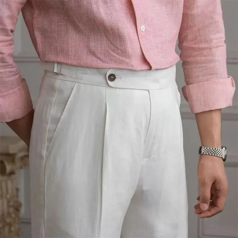 Light beige Linen Trousers by Craftklart, stylish men's pants with a relaxed fit and visible side pockets.