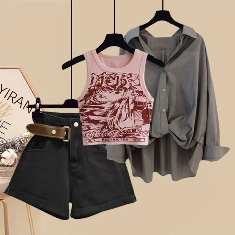 Urban Girl Shirt Printed Vest Denim Shorts