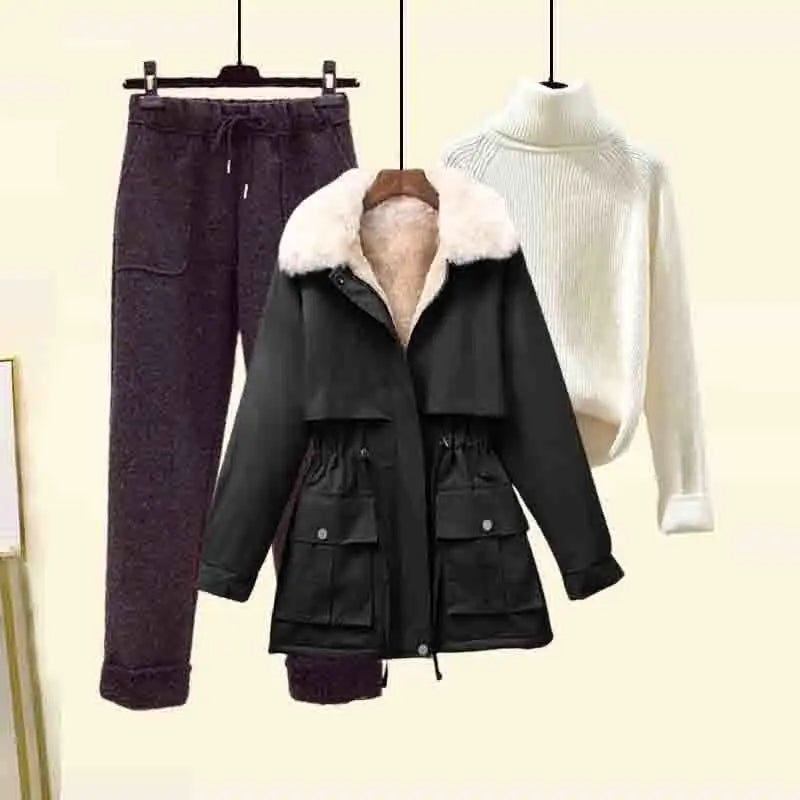 Vintage Parka High Neck Knitted Sweater Flocked Trousers Set - Premium Set from Craftklart.store - Just $18.46! Shop now at Craftklart.store