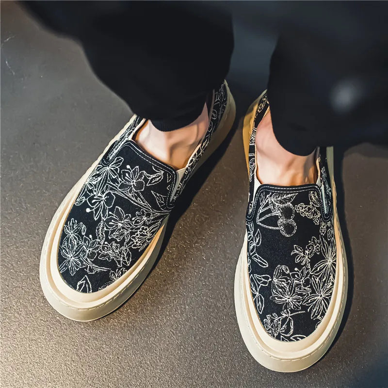 Men's Canvas Floral Thick Sole Loafers