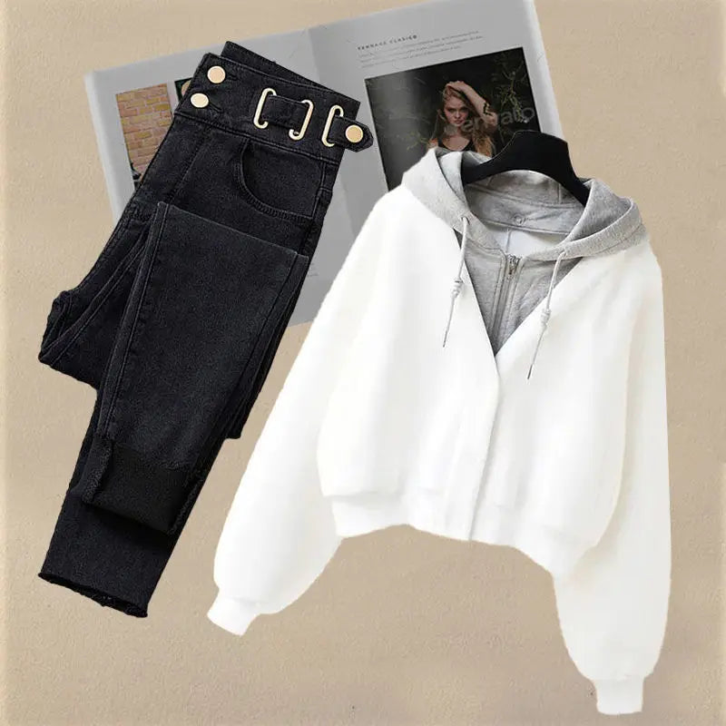 Two Piece Hooded Loose Sweater Slimming Jeans Set - Premium Set from Craftklart Dropship - Just $21.25! Shop now at Craftklart.store