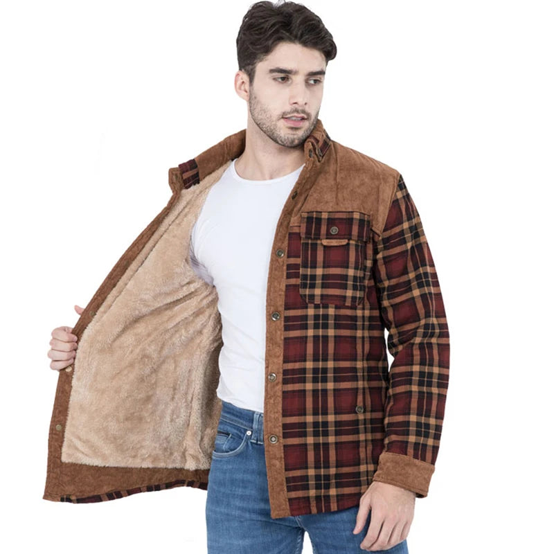 Cotton Plaid Jacket Autumn Men Casual Multi-Pockets Coat