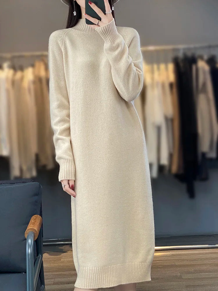 New Women Long Sweater Dress 100% Merino Wool Long Dress Autumn Winter Mock Neck Quality Cashmere Knitwear Basic Grace Dress - Craftklart.store