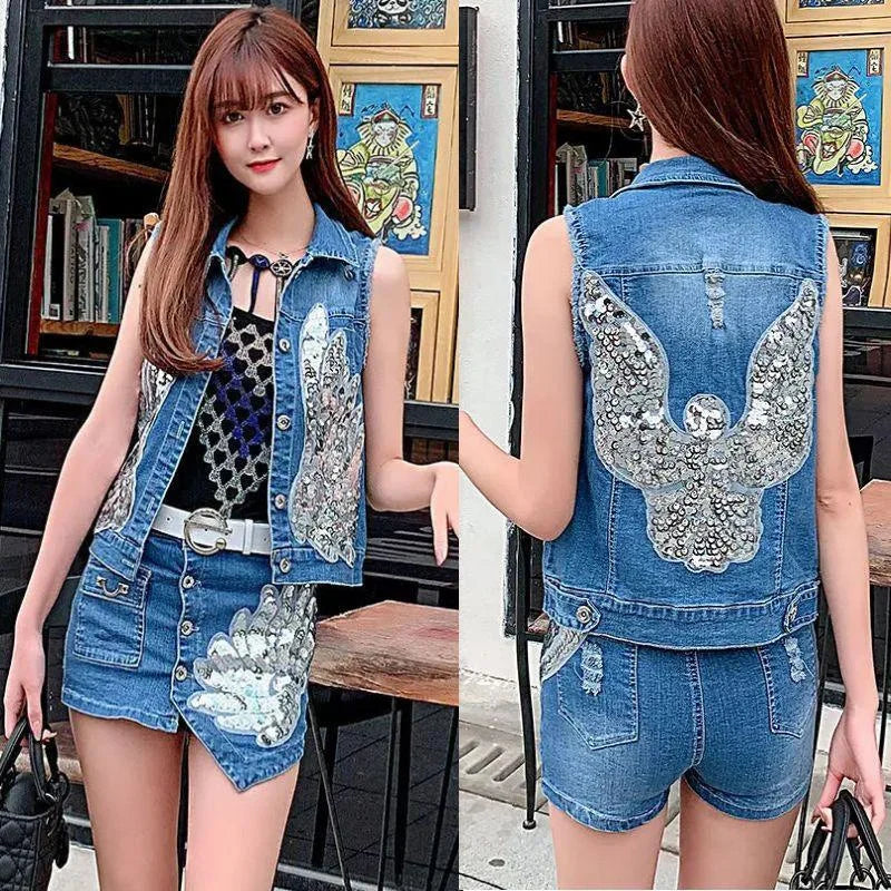 New Korean Sequin Phoenix Vest Short Skirt Pants Two-piece Set - Premium Set from Craftklart Dropship - Just $48! Shop now at Craftklart.store