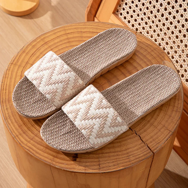 Women's linen indoor slippers by Slip On, anti-slip flat mule slides in three colors, featuring soft linen fabric and slip-on design.