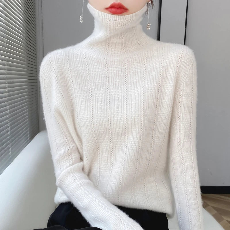YTFidio 100% Wool Women Three Dimensional Hollow Pile Collar Long Sleeve Sweaters Solid Pullover Knitwear Basic 96 - Craftklart.store