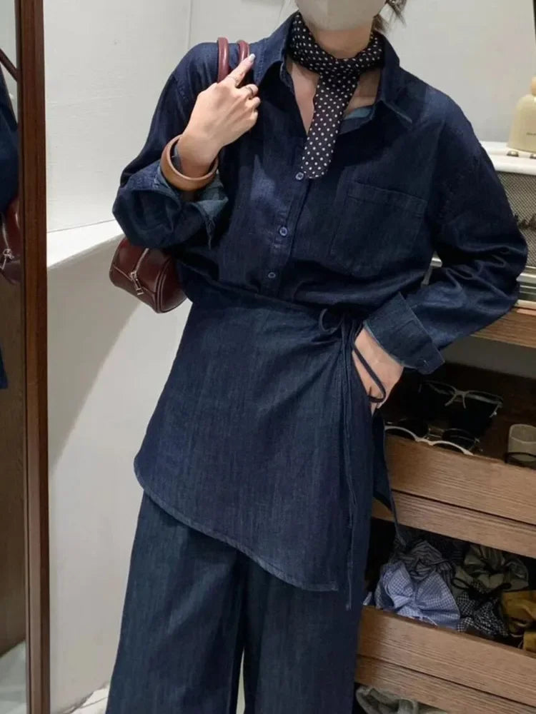 Women's Urban Chic Single-breasted Casual Long-sleeved Denim Shirt Set
