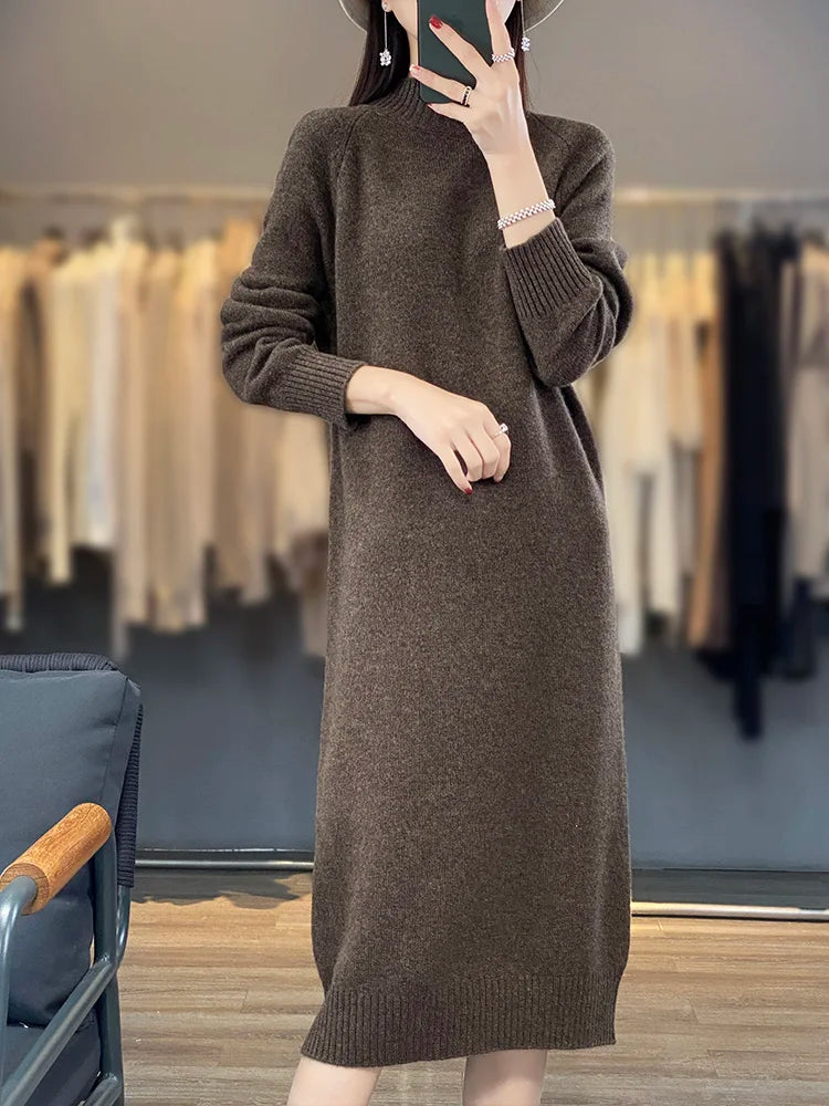 New Women Long Sweater Dress 100% Merino Wool Long Dress Autumn Winter Mock Neck Quality Cashmere Knitwear Basic Grace Dress - Craftklart.store