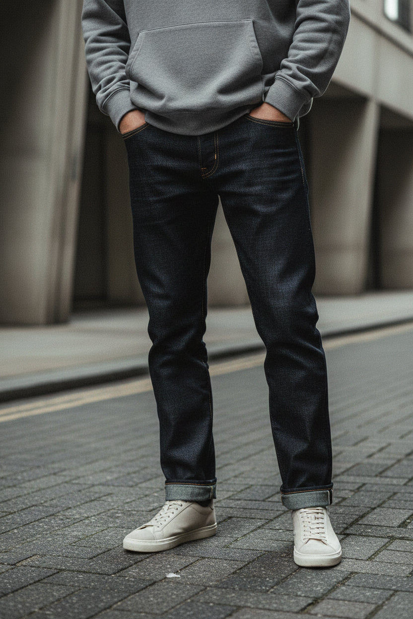 Craftklart Dropship Quiet n Heavy selvedge jeans in 13.5oz raw denim, straight fit, shown with visible stitching and classic denim texture.