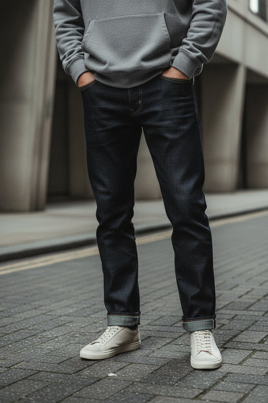 Craftklart Dropship Quiet n Heavy selvedge jeans in 13.5oz raw denim, straight fit, shown with visible stitching and classic denim texture.