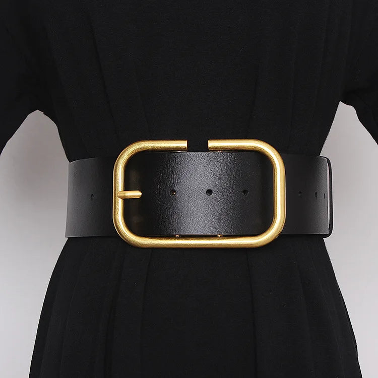 Real Leather Wide Belt For Women Gold Square Buckle Pin Waistband for Coat Dress - Premium Belt from Craftklart Dropship - Just $29.18! Shop now at Craftklart.store