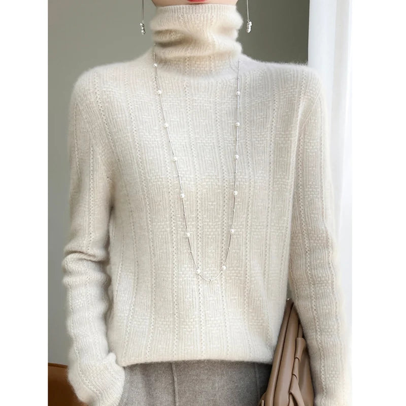 YTFidio 100% Wool Women Three Dimensional Hollow Pile Collar Long Sleeve Sweaters Solid Pullover Knitwear Basic 96 - Craftklart.store