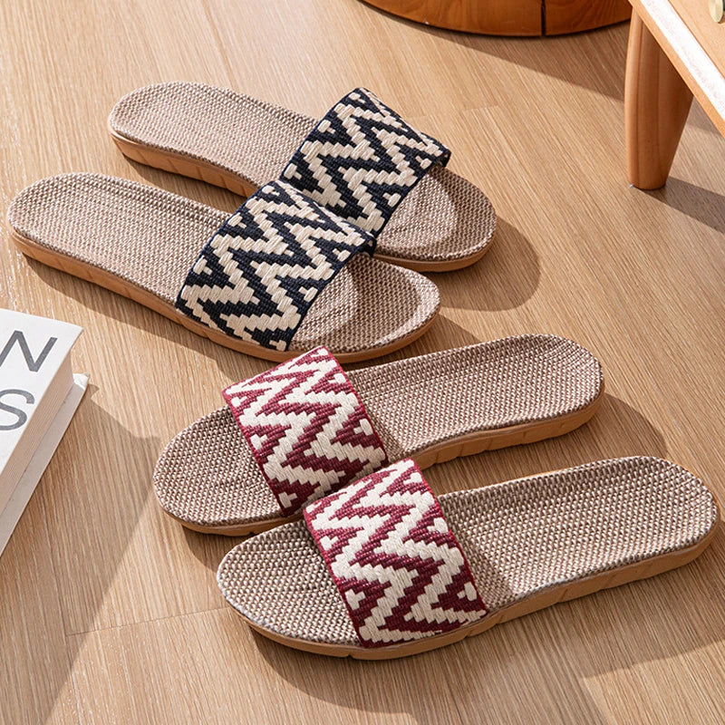 Women's linen indoor slippers by Slip on, anti-slip flat mule slides in three colors, comfortable and casual shoe for home use.