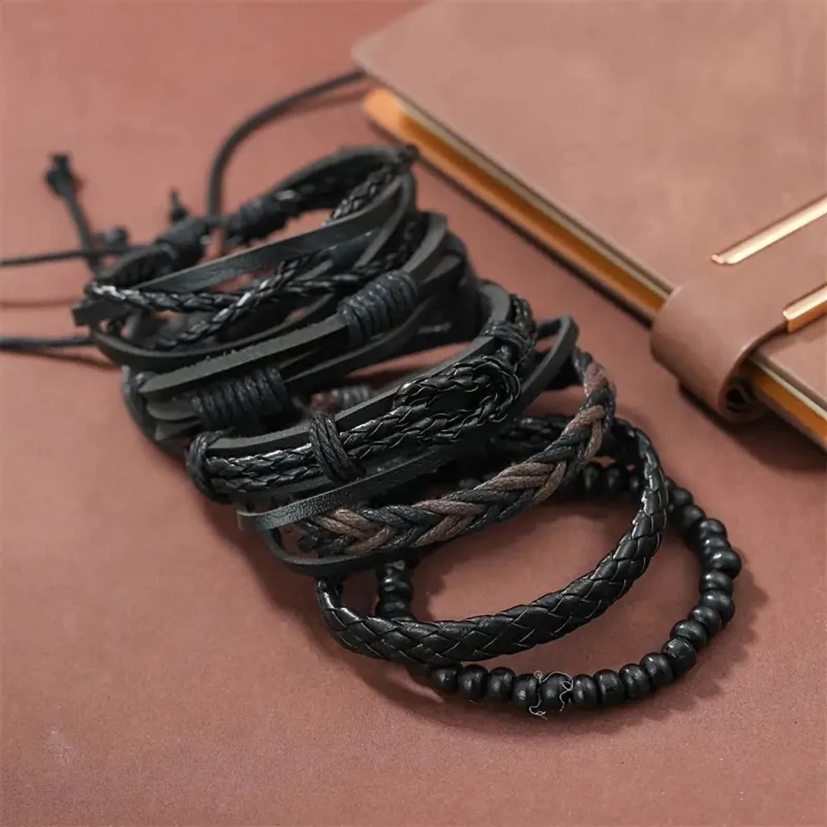 6pcs Men's PU Leather Punk Street Style Black Handmade Twist Bracelet - Premium Bracelet from Craftklart Dropship - Just $6! Shop now at Craftklart.store