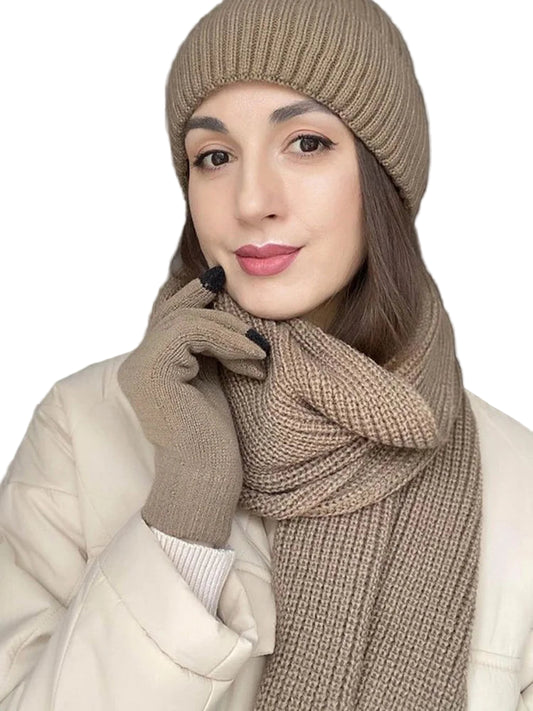 3Pcs Knitted Set Winter Warm Beanie Hat Long Scarf & Gloves