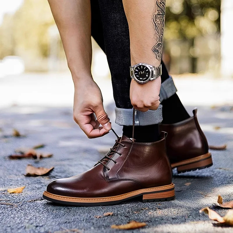 Autumn and winter men's boots, men's shoes, British style high top round toe short boots, genuine leather retro workwear boots