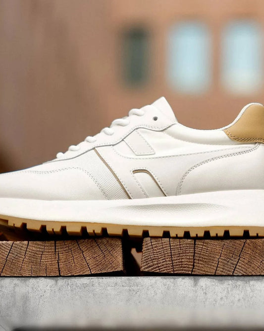Men's urban styled real leather sneakers with light laces and breathable design by Craftklart Dropship, shown in a sleek side view image.