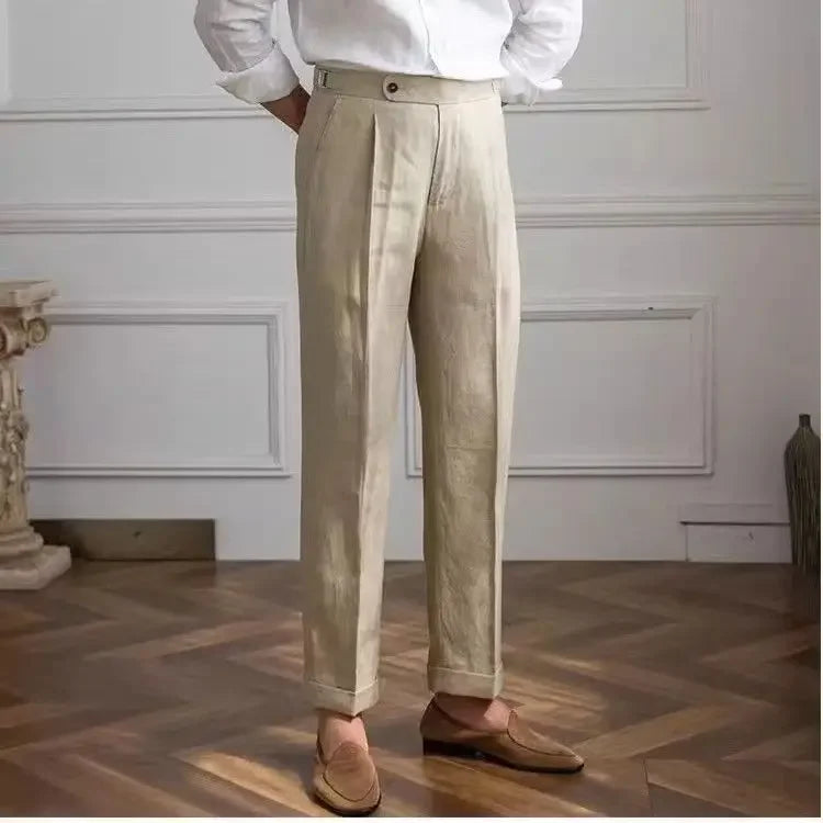 Light beige linen trousers from Craftklart, featuring a relaxed fit and side pockets, suitable for casual urban streetwear.