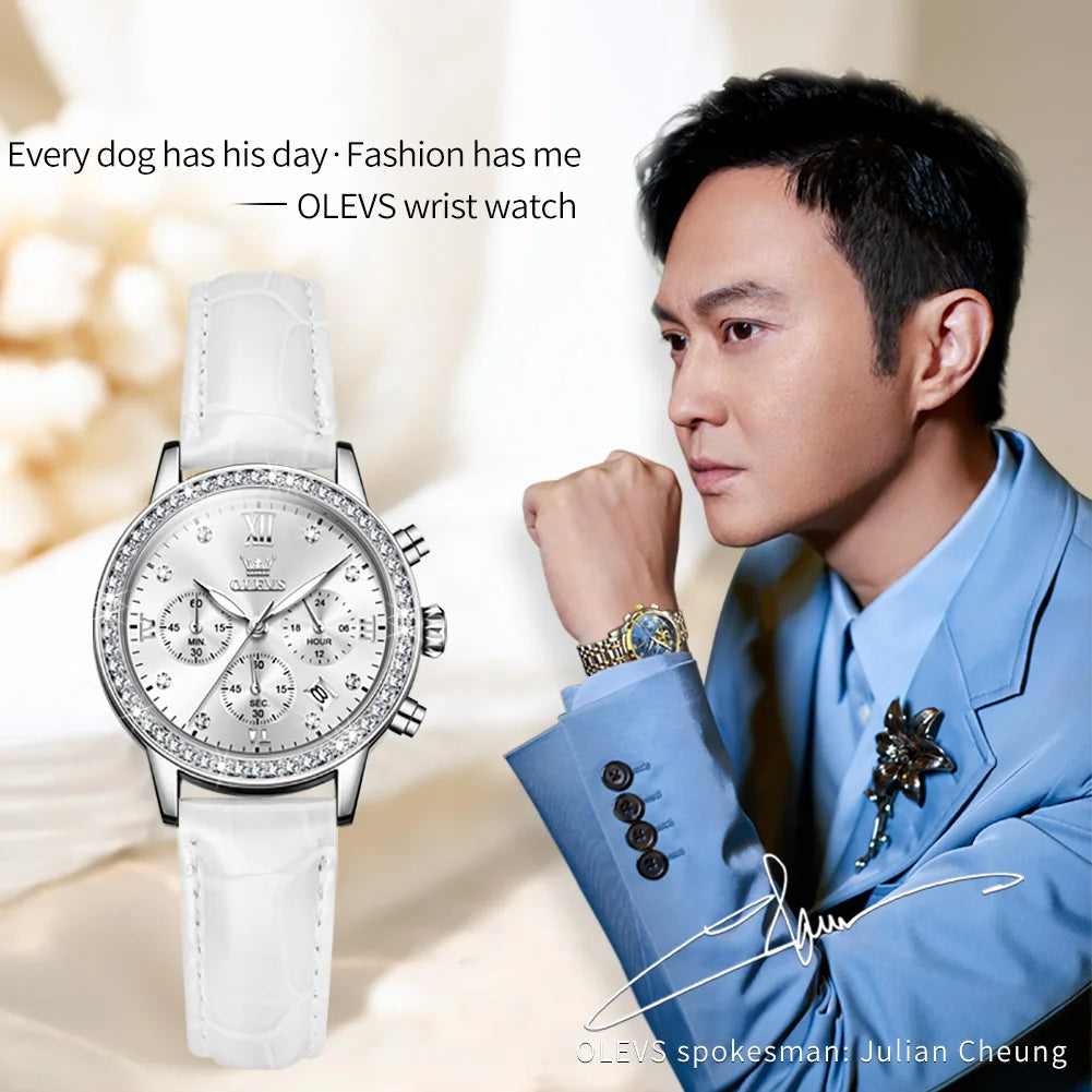 Women's Diamond Quartz Waterproof Luminous  Leather Strap Wristwatch