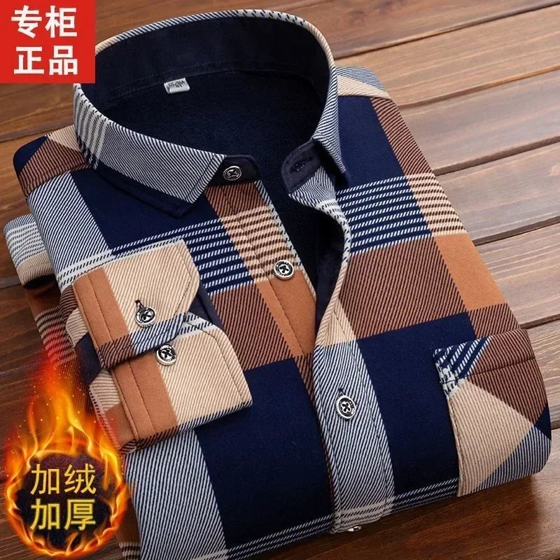 2024 Men's Plaid Flannel Fur Lined Thick Formal Shirts - Premium shirt from Craftklart Dropship - Just $5.39! Shop now at Craftklart.store