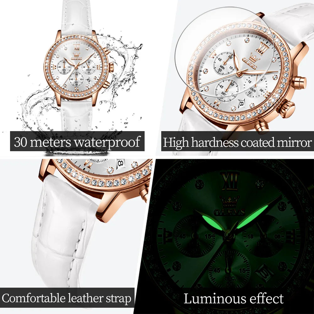 Women's Diamond Quartz Waterproof Luminous  Leather Strap Wristwatch
