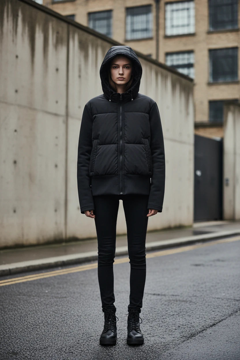 Women's Craftklart Slim Fit Hooded Puffer Coat, stylish black outerwear with a fitted silhouette and hood, perfect for streetwear.