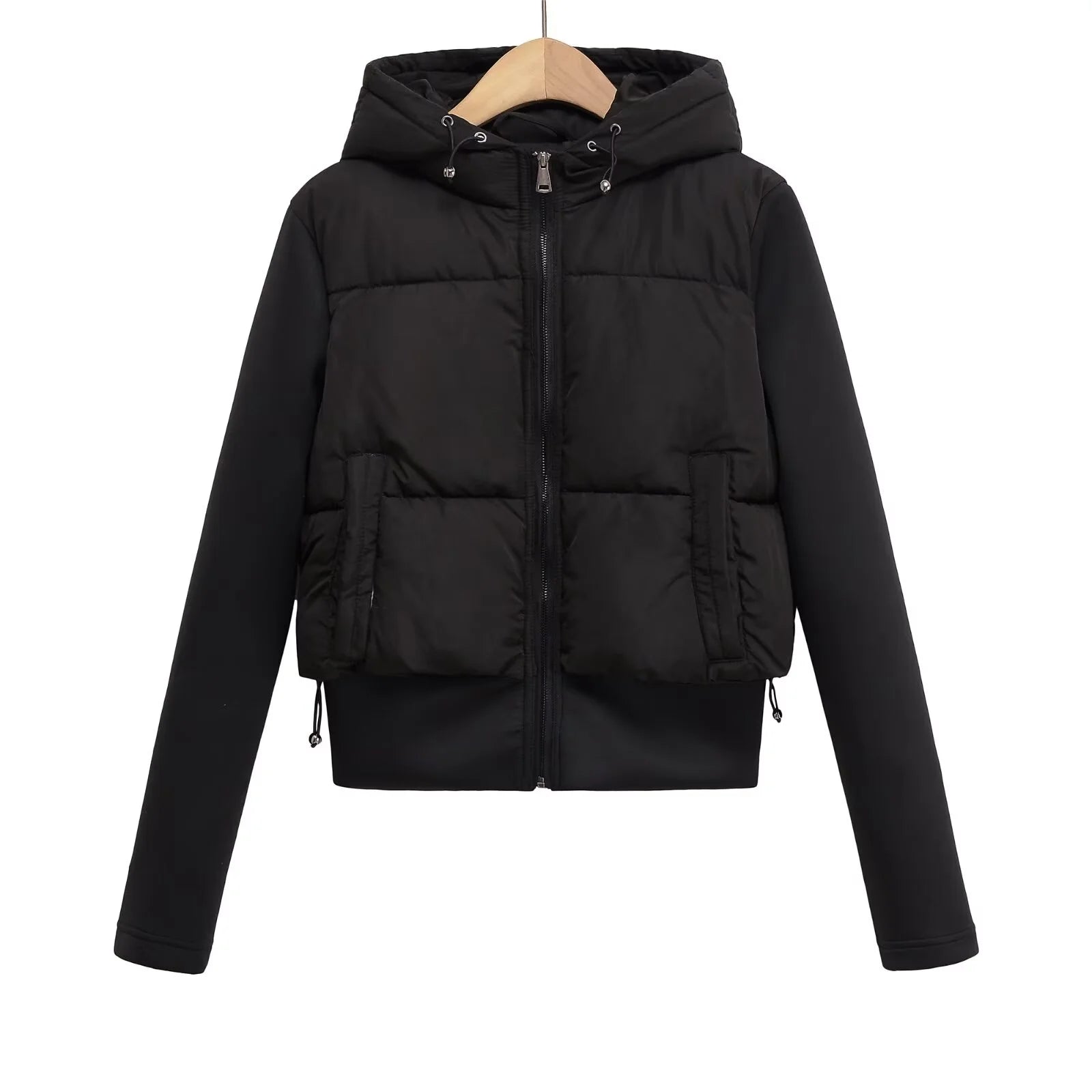 Craftklart Slim Fit Hooded Puffer Coat for women, black streetwear outerwear with a sleek, padded design and hood.