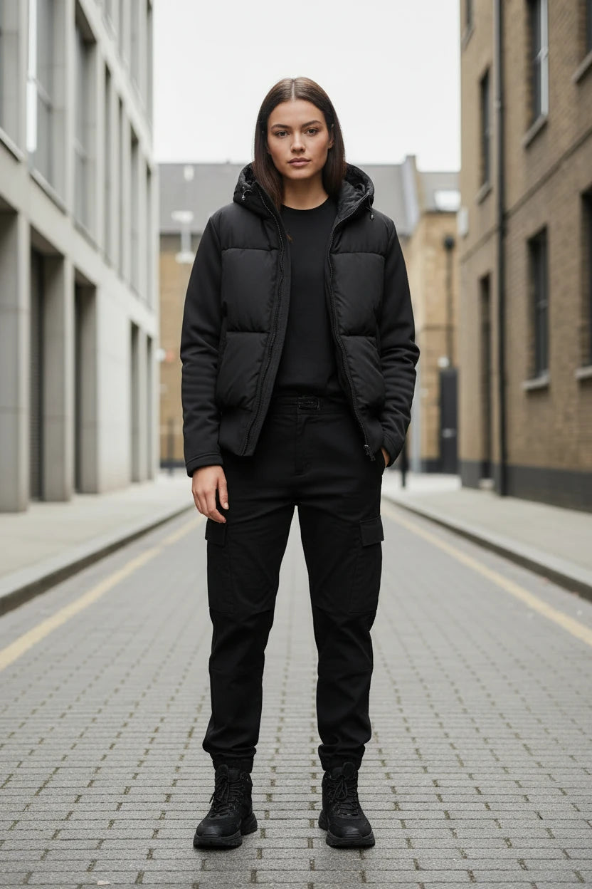 Craftklart Slim Fit Hooded Puffer Coat for women, stylish streetwear outerwear with a sleek, fitted design and hood.