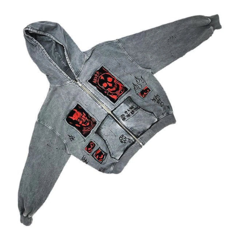 Unisex Y2K Devil Print Zip-Up Hoodie – Loose Harajuku Streetwear | Minimalist Streetwear | Craftklart