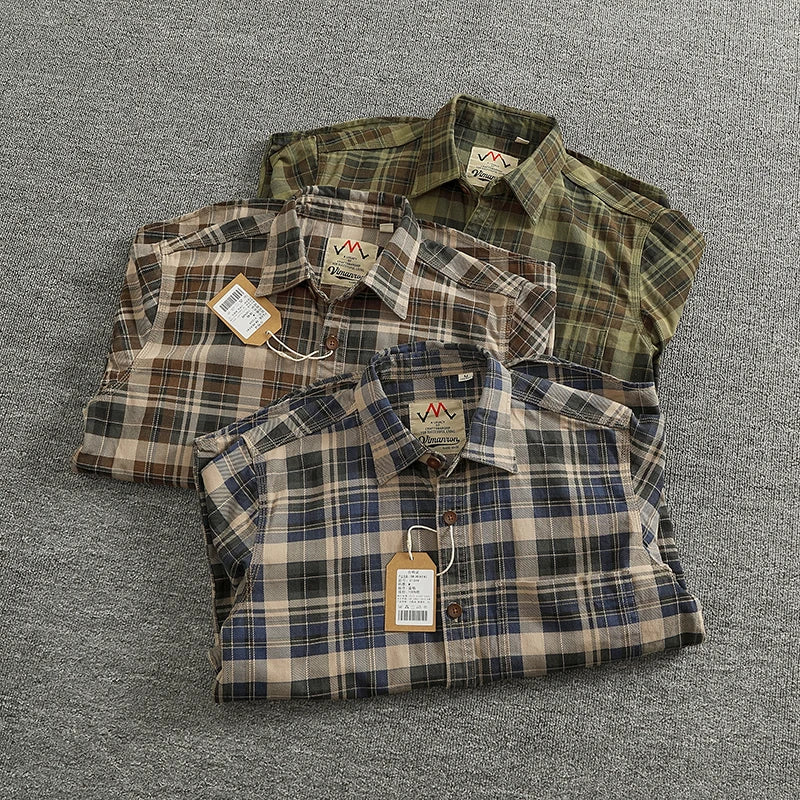 Heavy Chunky Cotton Plaid Long Sleeve Shirt - Craftklart.store