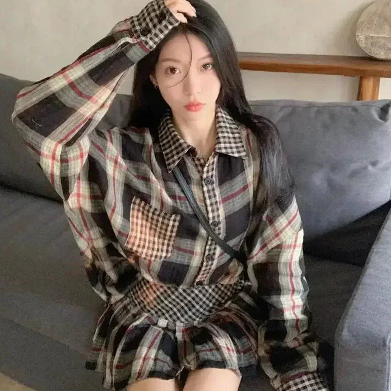 Women's Korean Branded Plaid Turn Down Collar Blouse & Pleated Skirt Set - Premium Set from Craftklart Dropship - Just $27.41! Shop now at Craftklart.store