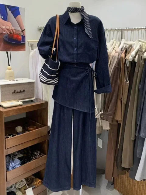 Women's Urban Chic Single-breasted Casual Long-sleeved Denim Shirt Set