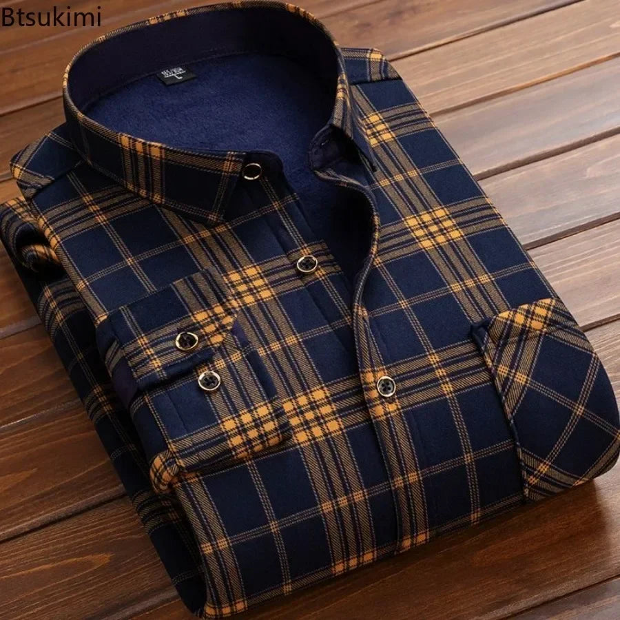 2024 Men's Plaid Flannel Fur Lined Thick Formal Shirts - Premium shirt from Craftklart Dropship - Just $5.39! Shop now at Craftklart.store