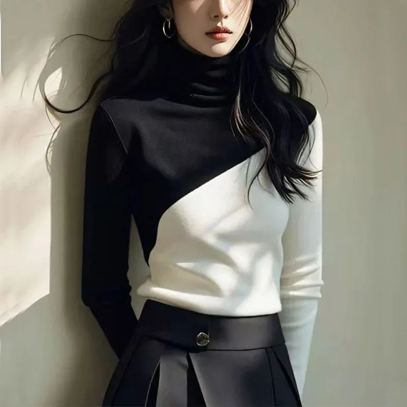 Black White PatchworkUrban Casual Turtleneck Sweater