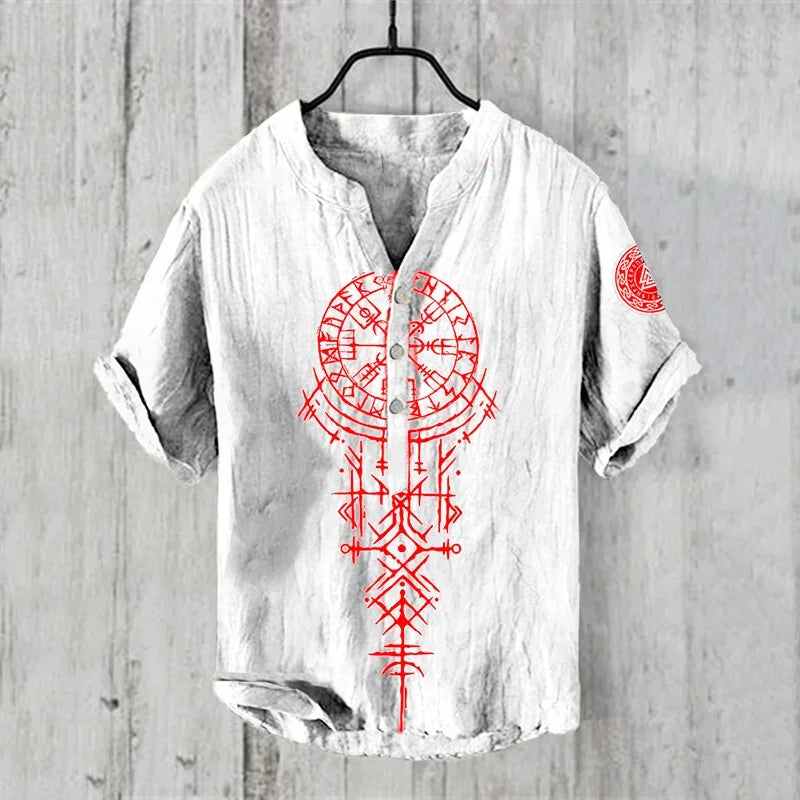 Men's 100% linen casual Hawaiian V-neck short sleeve shirt by Craftklart Dropship, displayed on a hanger with a relaxed fit.