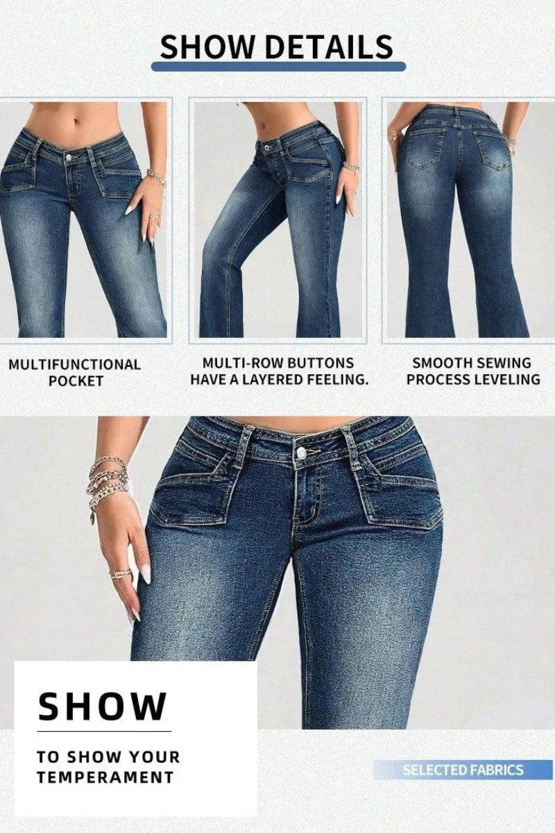 Woman wearing Craftklart Dropship low waist flare stretch denim jeans, showcasing fit and stylish flare design.
