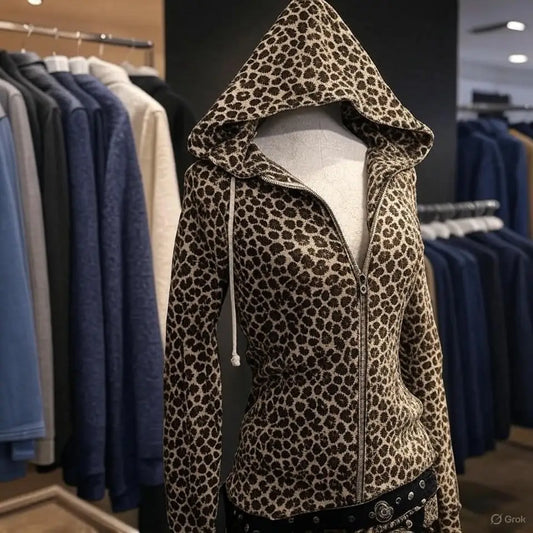 Women's Y2K Harajuku Leopard Zip Hoodie – Goth Street Hip Hop Hooded Sweatshirt - Craftklart.store