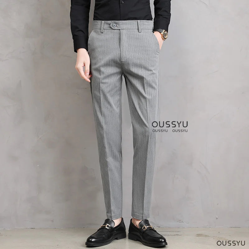 England Stripe Pattern Formal Dress Slim Fit Pants Men Summer Thin Light Gray Black Breathable Korea Skinny Casual Trousers Male - Craftklart.store