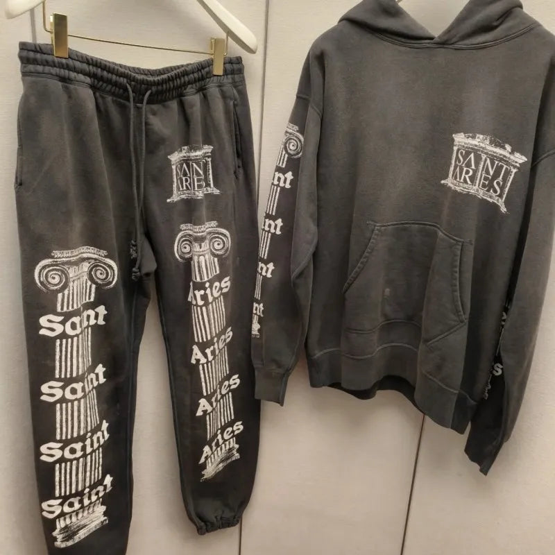 Heavyweight Cotton Black Saint Hoodies Set Hiphop Street Sheep Retro Print Letter Slogan Hoody Casual Pants Men Women Tracksuit