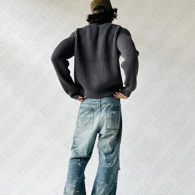 Y2k Men Solid Color Hip Hop Knitted Sweater - Craftklart.store