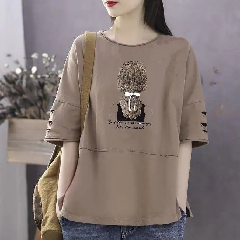 Women's 100% Cotton Large Size Korean Half Sleeved Loose T-shirt - Premium T-Shirt from Craftklart Dropship - Just $17.05! Shop now at Craftklart.store