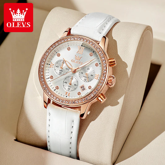 Women's Diamond Quartz Waterproof Luminous  Leather Strap Wristwatch