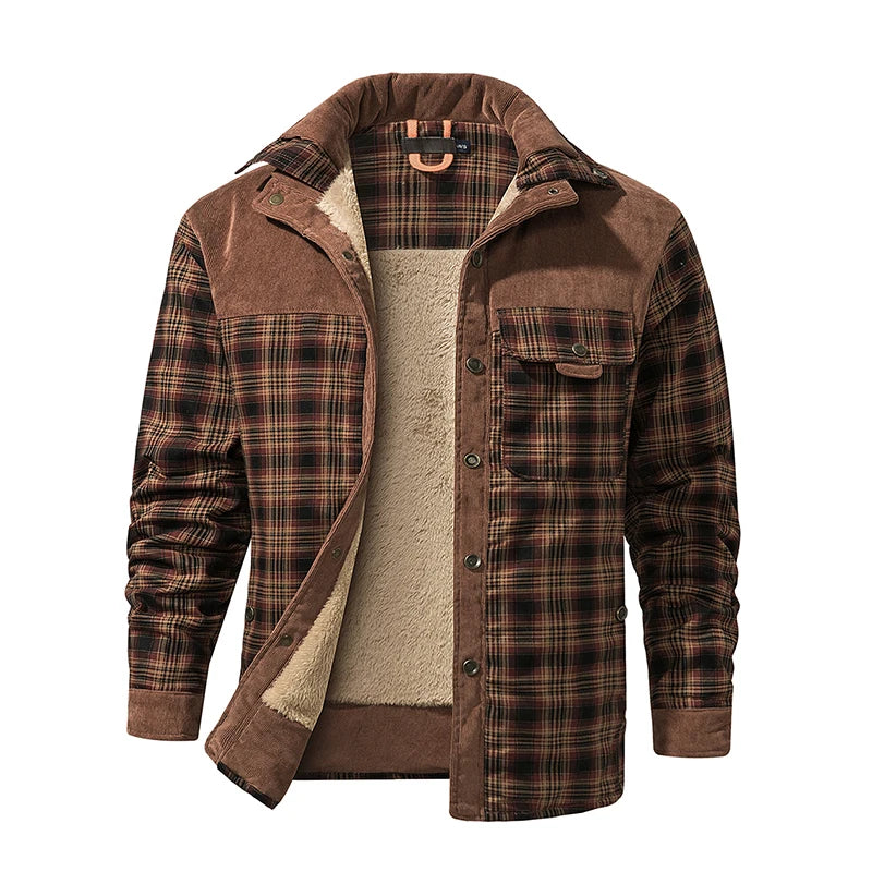 Cotton Plaid Jacket Autumn Men Casual Multi-Pockets Coat