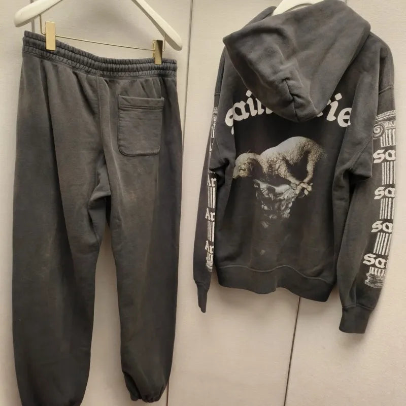 Heavyweight Cotton Black Saint Hoodies Set Hiphop Street Sheep Retro Print Letter Slogan Hoody Casual Pants Men Women Tracksuit